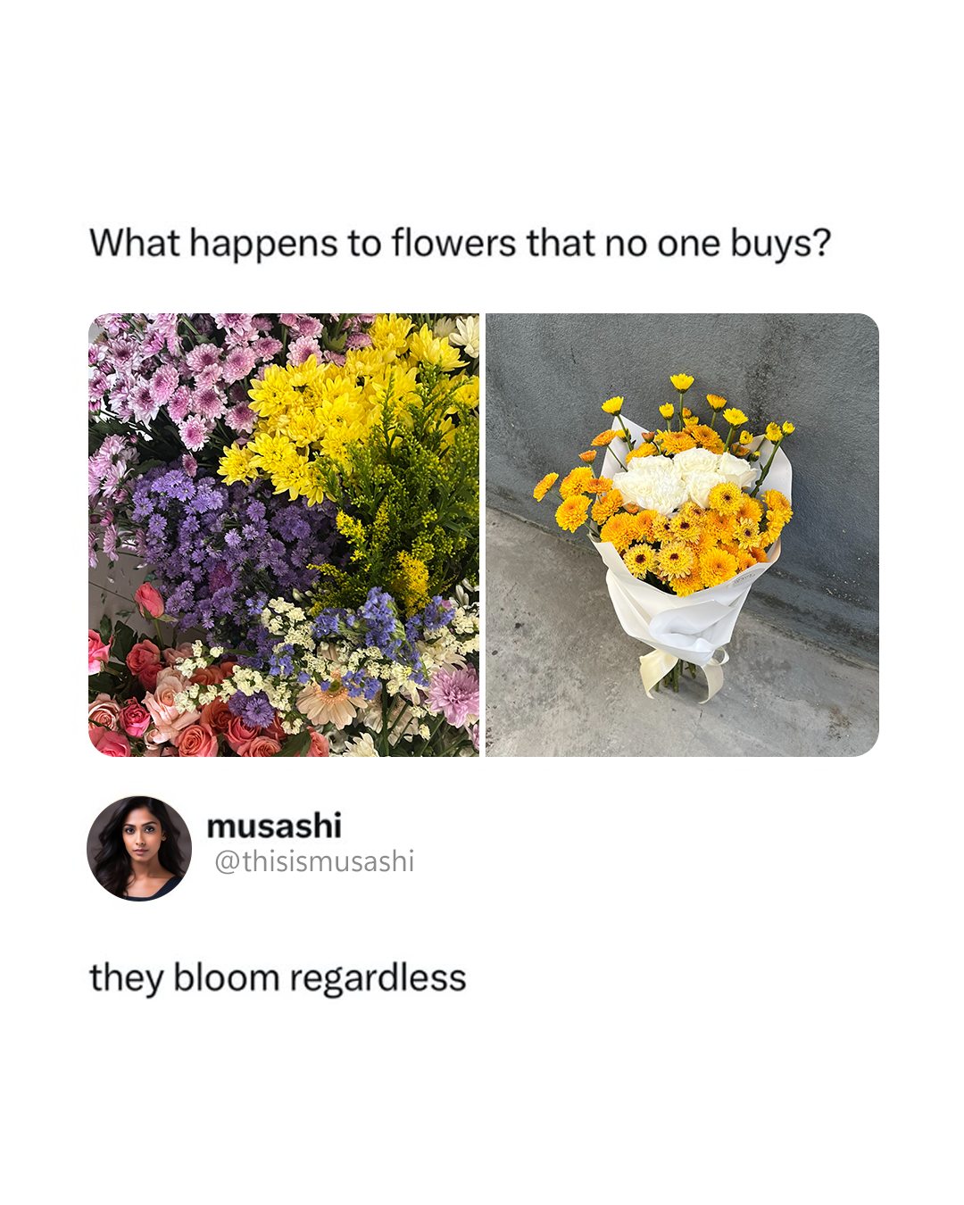 We should learn from flowers 🌸

Flowers teach us that beauty can still have purpose, even for a short while.
As florists, we know fresh blooms don’t last forever  each stem has a fleeting season to be admired, loved, and shared.

When bouquets don’t find a home in time, we do our best to give them another life: repurposing them into smaller arrangements, using them for learning, donating them to brighten someone’s day, or returning them back to the earth through composting 🌿

Not everything blooms forever, and maybe that’s what makes flowers so special they remind us to appreciate beauty while it’s here.

#FlowerShop #FloristLife #FlowersOfInstagram #BloomWithPurpose #SustainableFloristry #FreshFlowers #FlowerLovers #PetalsAndPurpose #EcoFlorist #BloomSeason